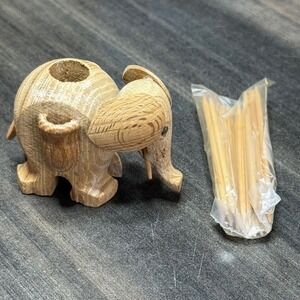Vintage Elephant Toothpick Holder Wood Carved Novelty‎ Dispenser with Toothpicks